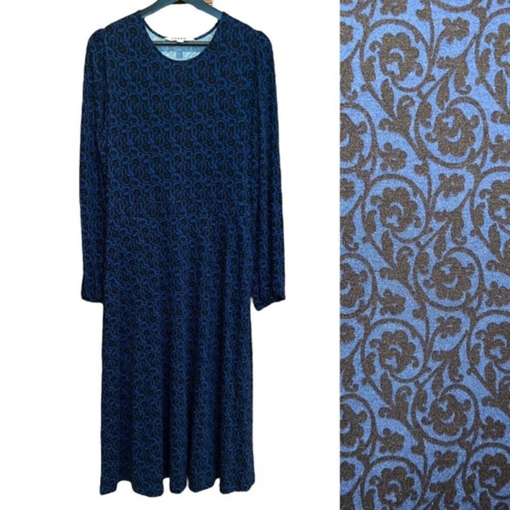 Boden Jersey Maxi Dress Size 10L Blue‎ Black Scrolled Print Long Sleeve